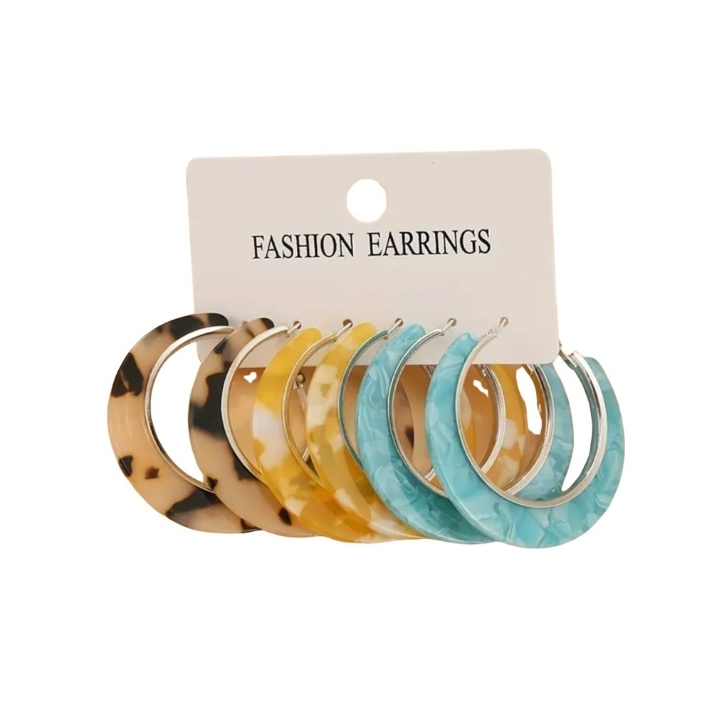 Set of 3 Marbled Acrylic Hoop Earrings – Lightweight Fashion Jewelry – 45mm Drop